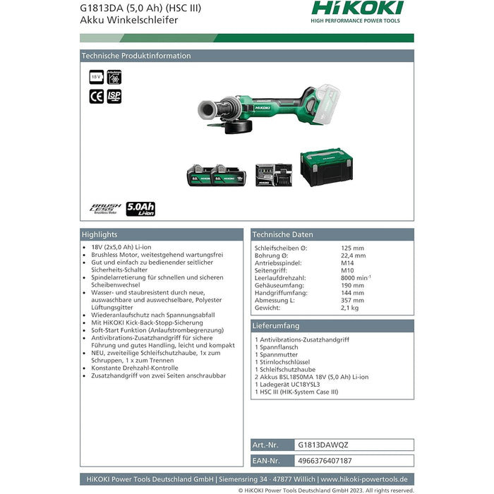 HIKOKI - Smerigliatrice angolare a batteria G1813DAWQZ 18 V, 2 batterie agli ioni di litio da 5,0 Ah, diametro dischi abrasivi: 125 mm