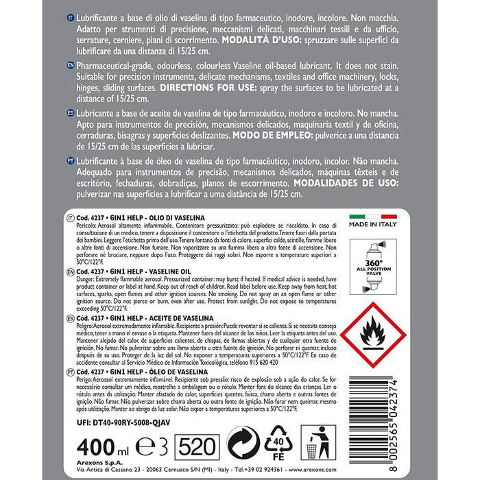 Arexons 4237 6IN1 HELP Olio di Vaselina 400 ml, Lubrificante a Base di Olio di Vaselina di tipo Farmaceutico, Impiego Universale, Non Macchina, Adatto per Manutenzione Periodica di Lubrificazione - Prodotti pulizia