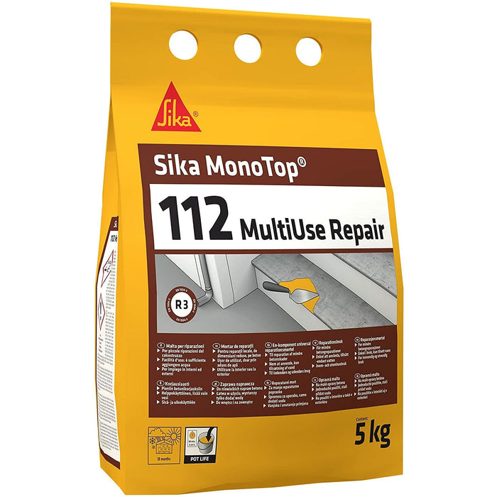 Sika - Sika Monotop 112 MultiUse Repair, Malta monocomponente pronta alluso per la riparazione e la riprofilatura di strutture in calcestruzzo, Grigia, 5kg - Malti strutturali da ripristino